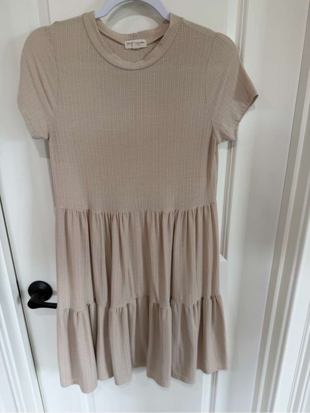See You Monday Beige Ribbed Short Sleeve Tiered Dress
